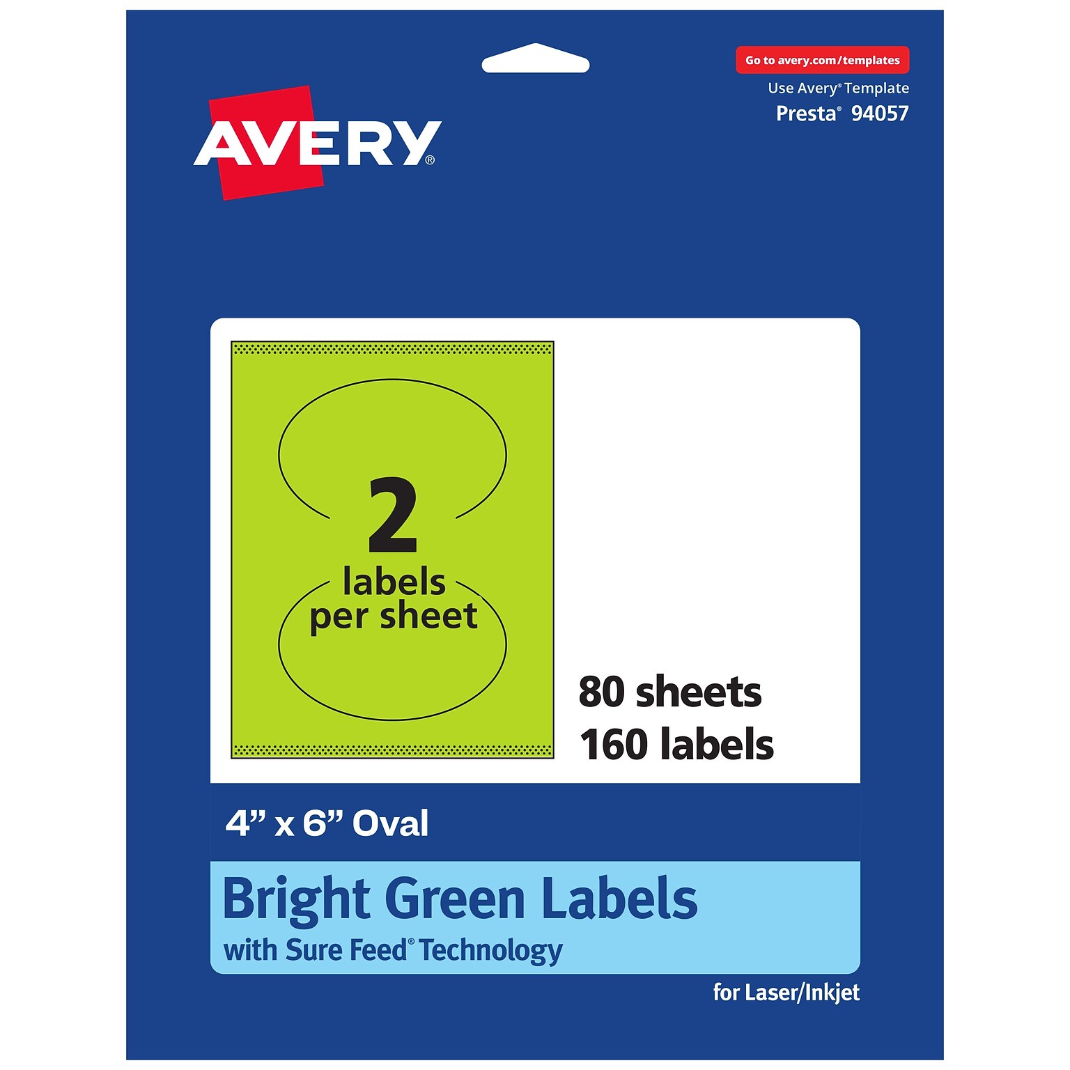 Avery Printable Oval Multipurpose Labels, 4 x 6, Bright Green, 160/Box (94057)