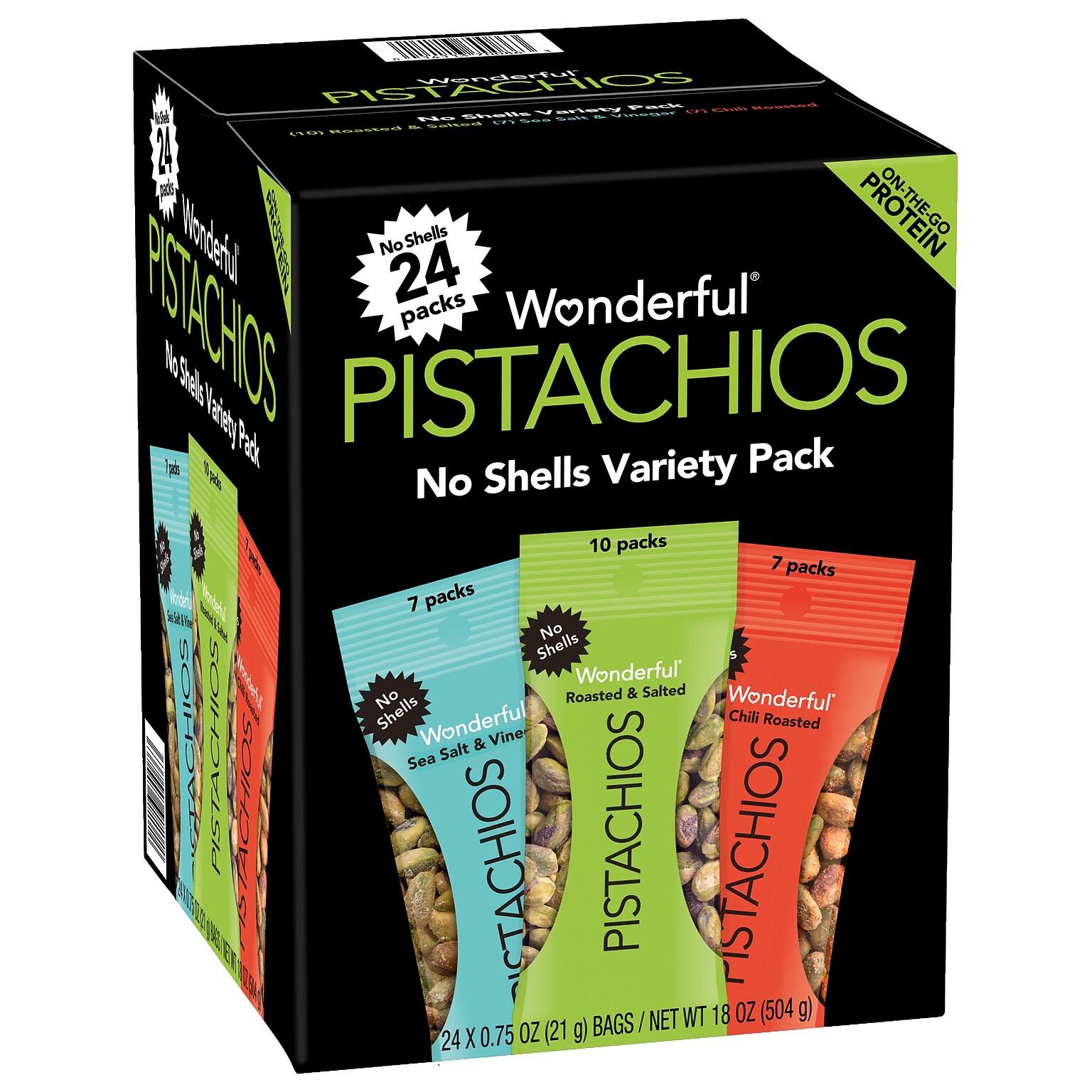 Wonderful Pistachios Variety Pack, No Shells, 0.75 oz., 24 Bags/Box (070146A29V)