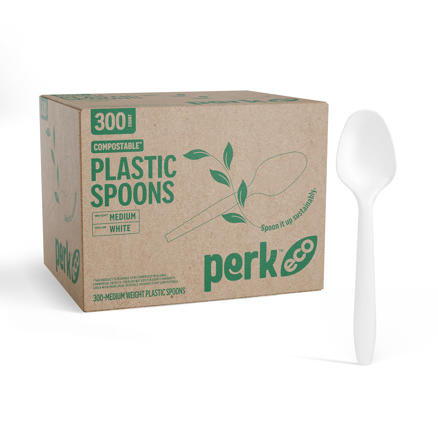 Perk™ Eco Compostable PLA Spoon, Medium-Weight, White, 300/Pack (PK56203)
