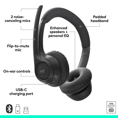 Logitech Zone 305 Wireless Noise Canceling Bluetooth Stereo Headset, USB-C, MS Certified (981-001452)