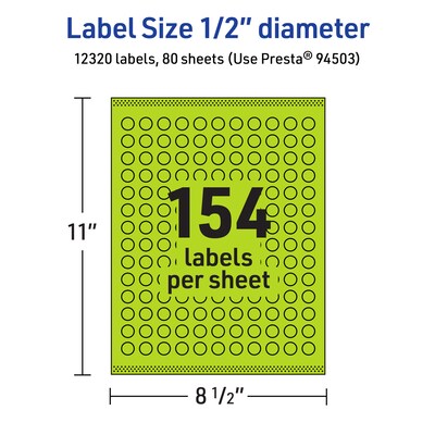 Avery Laser/Inkjet Multipurpose Circle Labels, 0.5" Dia., Bright Green, 12320/Box (94503)