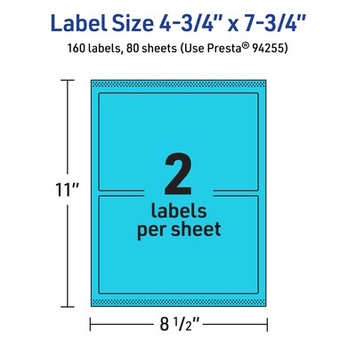 Avery Printable Rectangle Multipurpose Labels, 4.75" x 7.75", Bright Blue, 160/Box (94255)