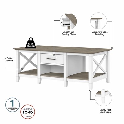 Bush Furniture Key West 47" x 24" Coffee Table with 2 End Tables, Shiplap Gray/Pure White (KWS023G2W)