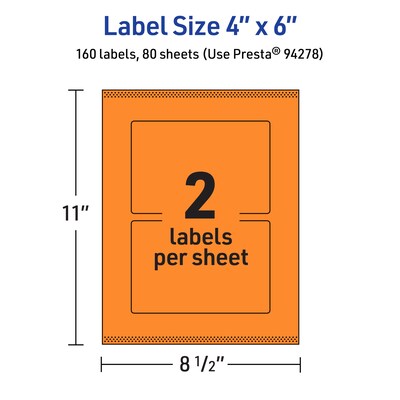 Avery Laser/Inkjet Multipurpose Rectangle Labels, 4" x 6", Bright Orange, 160/Box (94278)