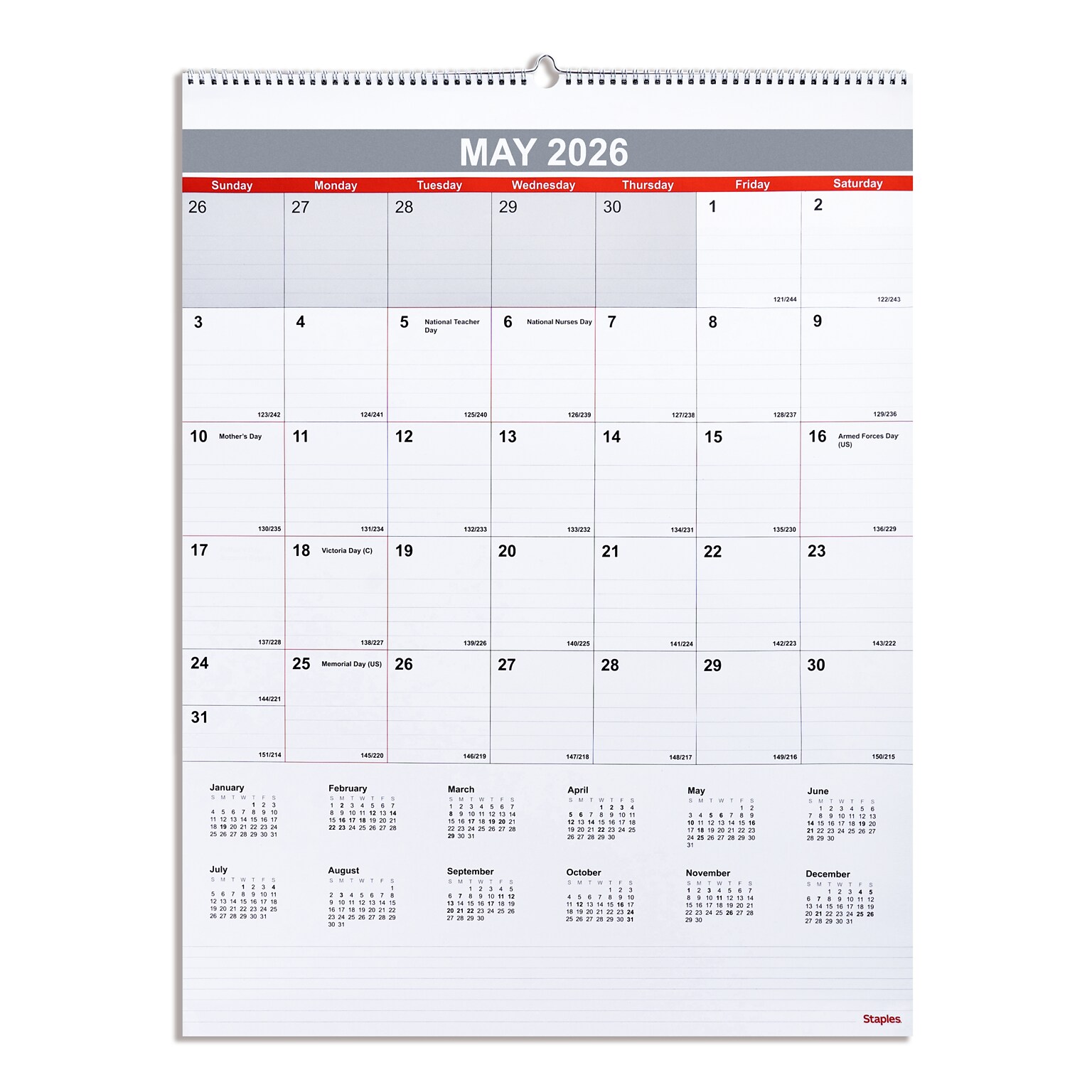 2026 Staples 22 x 29 Monthly Wall Calendar, White/Red/Gray (ST53914-26)