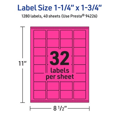 Avery Laser/Inkjet Rectangle Multipurpose Labels, 1.25" x 1.75", Neon Magenta, 1280/Pack (94226)