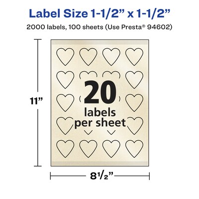 Avery Pearlized Ivory Heart Shaped Multipurpose Labels, 1.5" x 1.5", Ivory, 2000/Box (94602)