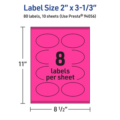 Avery Laser/Inkjet Oval Multipurpose Labels, 2" x 3-1/3", Neon Magenta, 80/Pack (94056)