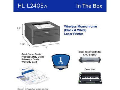 Brother HL-L2405W Wireless Compact Monochrome Laser Printer, Mobile Printing, Refresh Subscription Ready