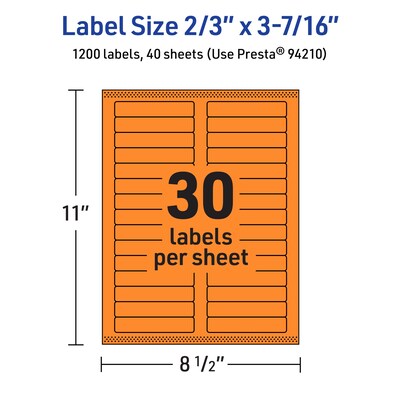 Avery Rectangle Multipurpose Labels, 2/3" x 3-7/16", Bright Orange, 1200/Pack (94210)