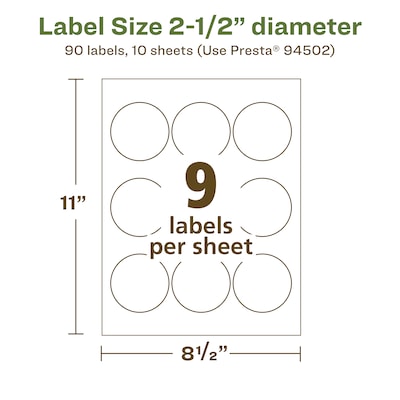 Avery EcoFriendly Laser/Inkjet Circle Multipurpose Labels, 2-1/2" Dia., White, 90/Pack (94502)