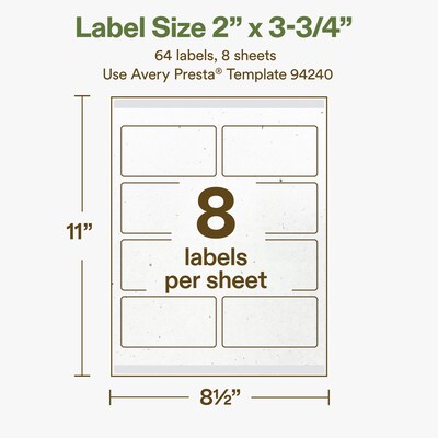 Avery Hemp Rectangle Laser/Inkjet Multipurpose Labels, 2" x 3-3/4", Off-White (64/Pack)