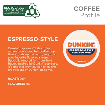 Dunkin' Espresso-Style Coffee, Extra Dark Roast, 0.37 oz. Keurig® K-Cup® Pods, 22/Box (5000367616)