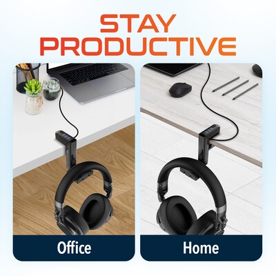 Delton HS7 Headset Stand with Under-Desk Holder and 3 USB-A Ports, Black (DHS3USB)