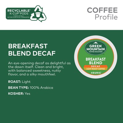 Green Mountain Breakfast Blend Decaf Coffee Keurig® K-Cup® Pods, Light Roast, 96/Carton (7522)