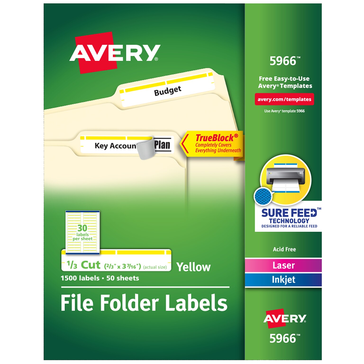 Avery TrueBlock Laser/Inkjet File Folder Labels, 2/3 x 3-7/16, White/Yellow, 1,500 Labels/Pack (5966)