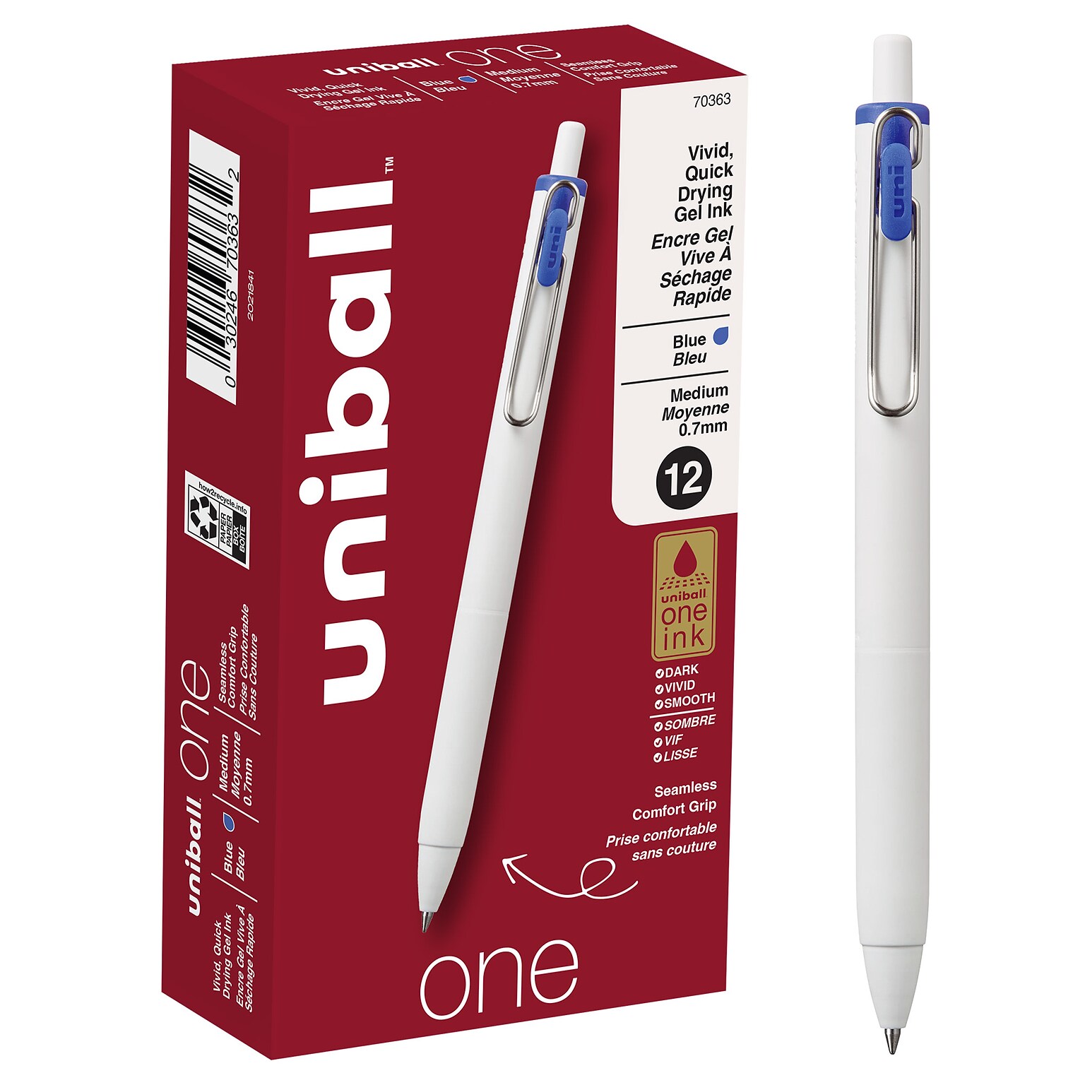 uni-ball one Retractable Gel Pens, Medium Point, 0.7mm, Blue Ink, Dozen (70363)