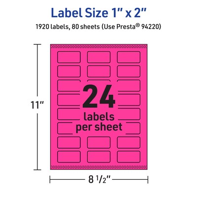 Avery Laser/Inkjet Rectangle Multipurpose Labels, 1" x 2", Neon Magenta, 1920/Box (94220)