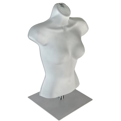 Azar Female White Plastic Bust Torso Mannequin, 12" Square Metal Base (900520-WHT)