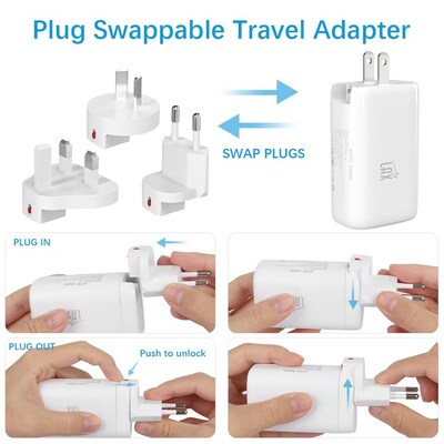 LAX USB PD 65W Wall Charger with 2 USB-C, 1 USB-A and Travel Pouch, White (PD65INT)