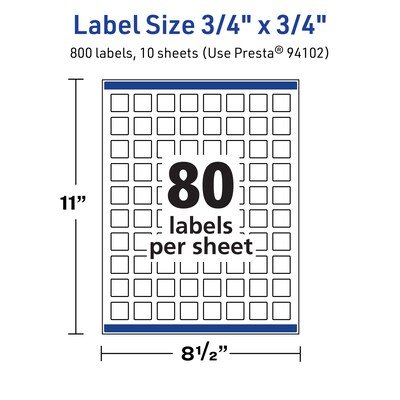 Avery TrueBlock Laser/Inkjet Multipurpose Labels, 0.75" x 0.75", White, 80 Labels/Sheet, 10 Sheets/Pack (94102-TWMP10)