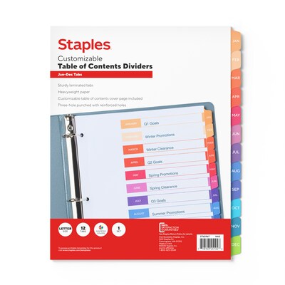 Staples Customizable Table of Contents Monthly Dividers, 12-Tabs, Multicolor