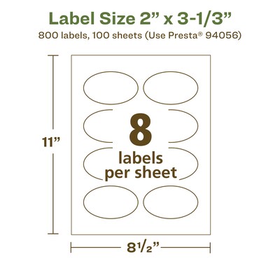 Avery EcoFriendly Laser/Inkjet Oval Multipurpose Labels, 2" x 3-1/3", White, 800/Box (94056)