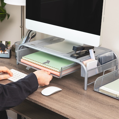 Mind Reader Monitor Stand with Paper Tray, Metal, Silver  (MESHMONSTA-SIL)