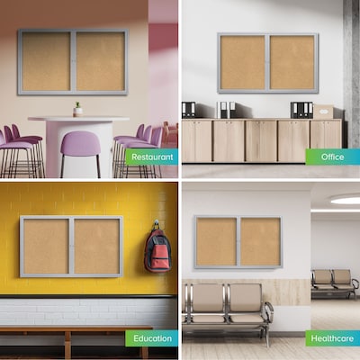 Ghent 2 Door Enclosed Natural Cork Bulletin Board, Satin Aluminum Frame, 3'H x 5'W, (GHEPA23660K)