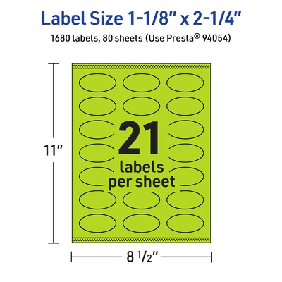 Avery Printable Oval Multipurpose Labels, 1-1/8" x 2-1/4", Bright Green, 1680/Box (94054)