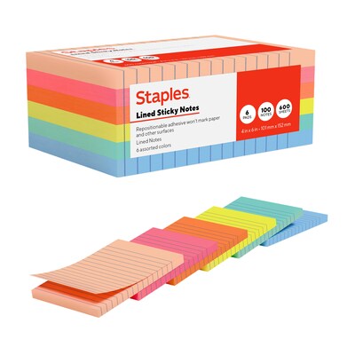 Staples Sticky Notes, 4 x 6, Assorted Colors, 600 Sheets – Standard Self-Stick Notes for Messages, Reminders & Planning