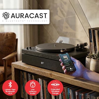 Audiosource AT33 Belt Drive turntable with 2.1 channel 120 watt Bluetooth Speakers, Black Woodgrain (AT3345BW)