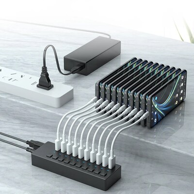4XEM 10-Port USB 3.0 Power Switch Data Transfer Hub, Gray (4XH710)