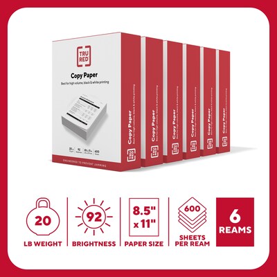 TRU RED™ 8.5 x 11 Copy Paper, 20 lbs., 92 Brightness, 600 Sheets/Ream, 6 Reams/Carton (TR62091)