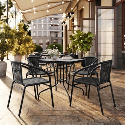 Flash Furniture Lila 28 Square Table with 4 Rattan Stack Chairs, Black (TLH073SQ037BK4)