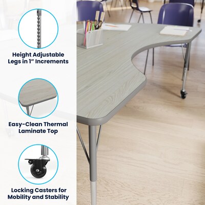 Flash Furniture Wren Kidney Activity Table, 72" x 48", Height Adjustable, Light Gray Top/Silver Frame (XUA4872KDLGTAC)