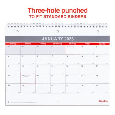 2026 Staples 11" x 8" Monthly Wall Calendar, White/Red/Gray (ST53915-26)