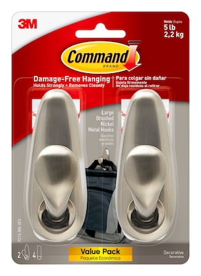 Command Large Hook, 5 lb., Brushed Nickel, 2 Hooks, 4 Strips/Pack (FC13-BN-2ES)