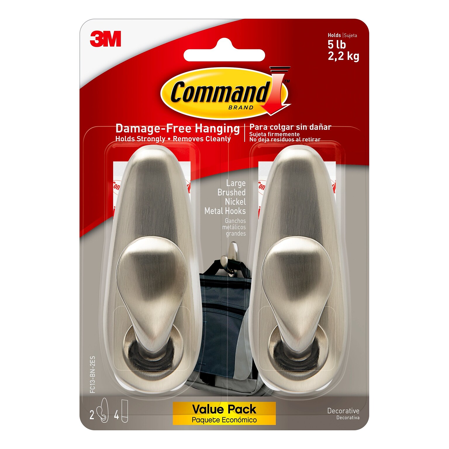 Command Large Forever Classic Metal Hook, Brushed Nickel, 2 Hooks, 4 Strips/Pack (FC13-BN-2ES)