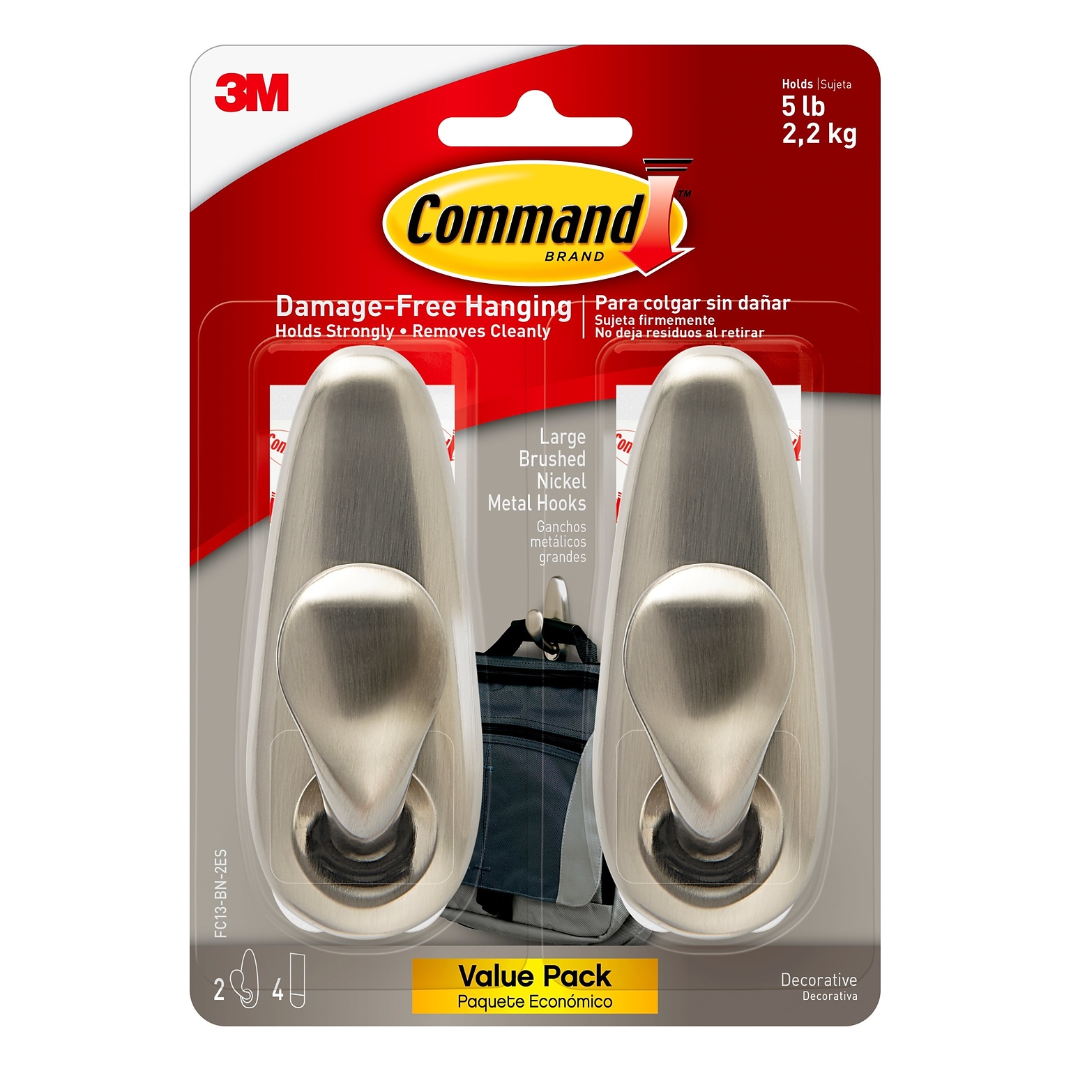 Command™ Large Forever Classic Metal Hook, Brushed Nickel, 2 Hooks, 4 Strips/Pack (FC13-BN-2ES)