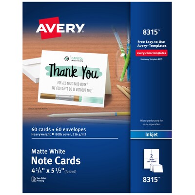 Avery Matte General Use Note Cards, White, 60/Pack (08315)