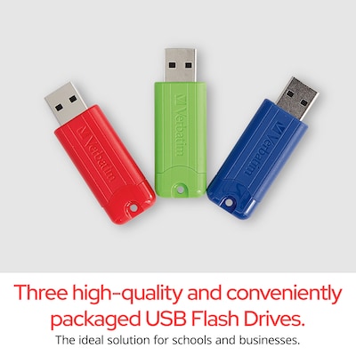 Verbatim PinStripe 128GB USB 3.2 Gen 1 Type-A Flash Drive, Red/Green/Blue, 3/Pack (70390)