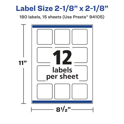 Avery Laser/Inkjet Square Multipurpose Labels, 2-1/8" x 2-1/8", White, 180 Labels/Pack (94105)