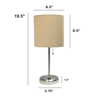 Creekwood Home Oslo 19.5" LED Table Lamp with USB Port, Brushed Steel/Tan Shade (CWT-2012-TN-LB)