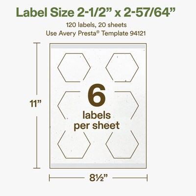 Avery Hemp Hexagon Laser/Inkjet Multipurpose Labels, 2-1/2" x 2-57/64", Off-White (120/Pack)