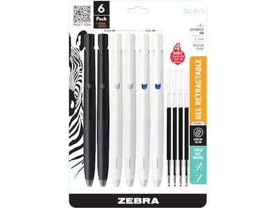 Zebra bLen Retractable Gel Pens, Medium Point, 0.7mm, Assorted Ink, 6/Pack (49501)