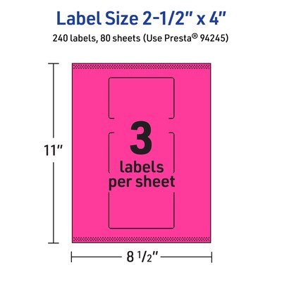 Avery Laser/Inkjet Rectangle Multipurpose Labels, 2.5" x 4", Neon Magenta, 240/Box (94245)