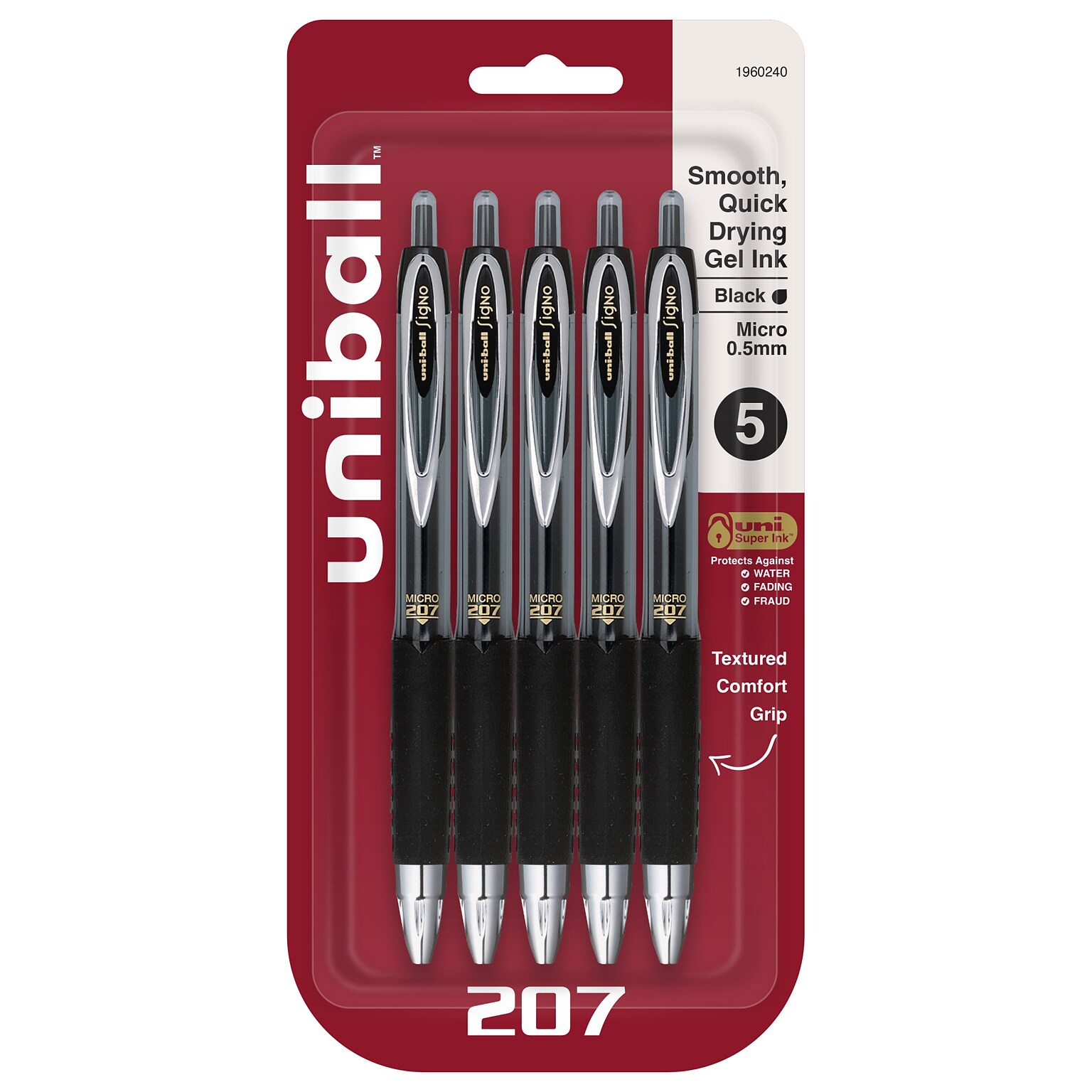 uni-ball Signo 207 Retractable Gel Pen, Fine Point, 0.5mm, Black Ink, 5/Pack (1960240)