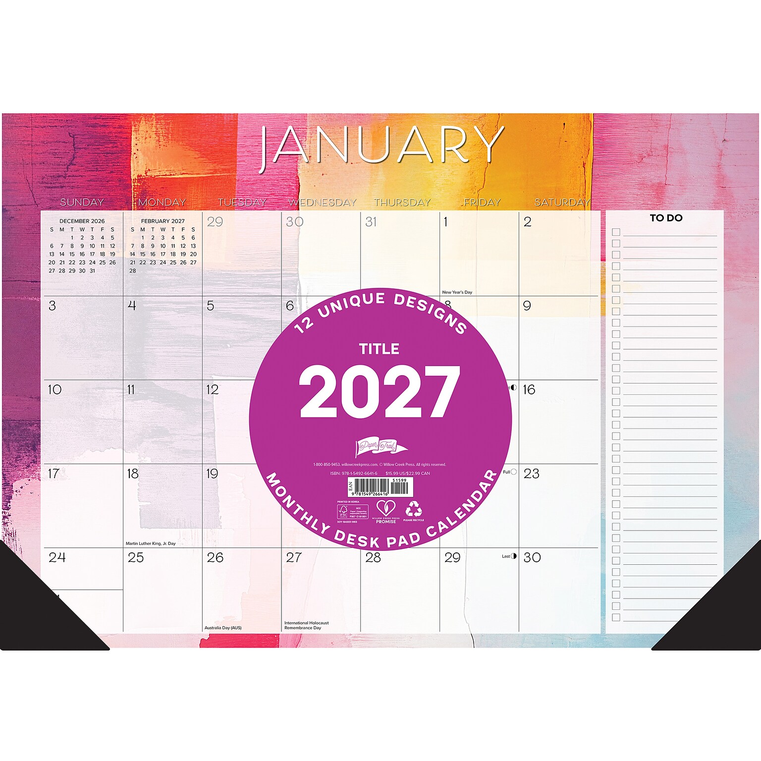 2027 Willow Creek Abstract Art 17 x 12 Monthly Desk Pad Calendar, Assorted Colors (66416)