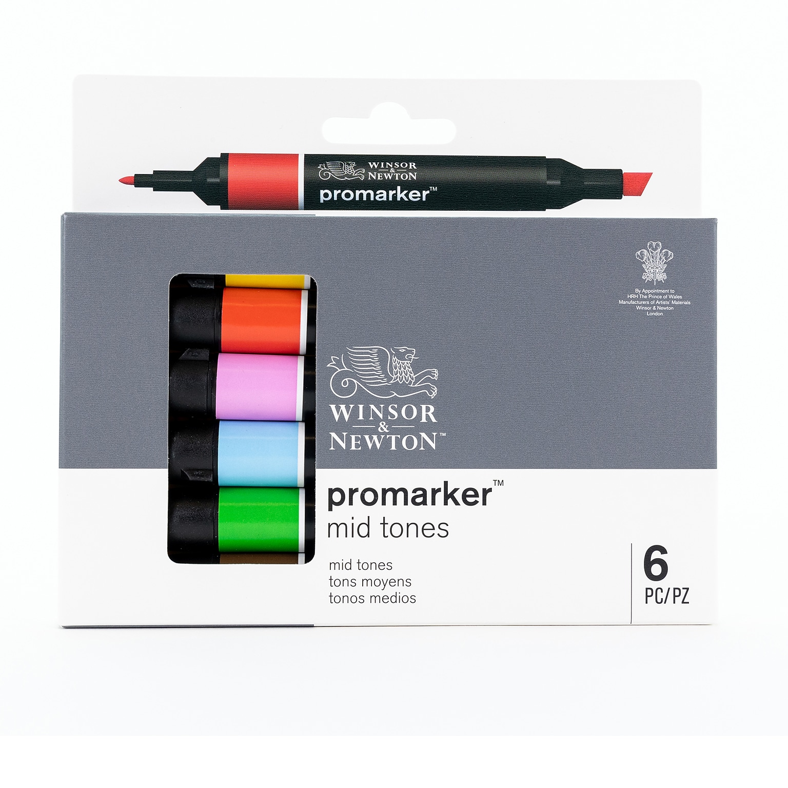 Winsor & Newton Promarker Dual-Tip Alcohol Based Marker, Mid Tones, 6/Pack (WNX0290112)